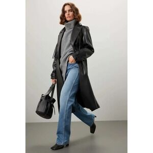 Jason Wu Collective Black Faux Leather Fringe Trench Coat Belted Long Jacket